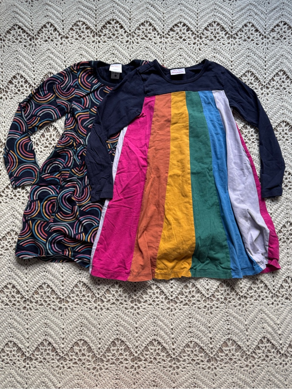 Hanna Andersson Girls Long Sleeve Rainbow Stripe Dress Navy Sleeves Size 6-7